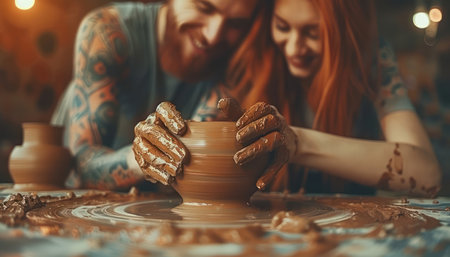 A couple, hands intertwined, finds joy in the messy world of pottery Their shared passion for clay transforms into laughter, bonding, and unique creations The class provides a space for creative expression, connection, and lasting memories Each piece tells a story, a testament to their love and shared journey AI Generativeの素材