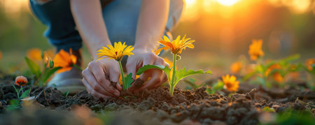 A loving couple, hands intertwined, plant vibrant flowers in their garden Their shared effort symbolizes the nurturing of their love, blooming together The vibrant blooms represent the blossoming future of their romance, filled with growth and commitment A beautiful outdoor setting completes this heartwarming image AI Generativeの素材