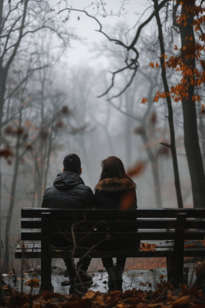 Lovers Sitting on a Bench in a Foggy Park Embrace the Mysterious Love and Quiet Moment Captured in This Enchanting Scene of Romance and Tranquility AI Generativeの素材
