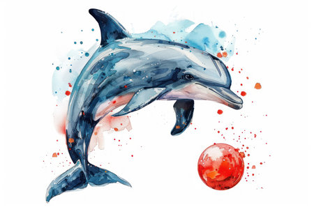 A delightful watercolor illustration of a playful dolphin with a ball, bursting with joyful energy Perfect for children&#39;s books, kids&#39; room decor, and ocean-themed gifts This warm and whimsical artwork captures the fun and wonder of marine life AI Generativeの素材
