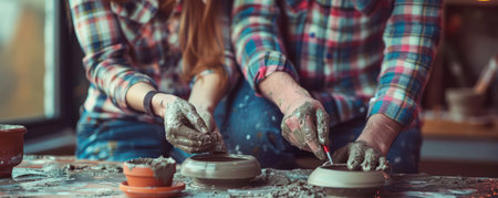 Lovers Creating Pottery Together Hands On Love, An Artistic Bond Captured in Clay Craft, Romantic Pottery Classes, Sculpting Memories, Creative Couples Working with Clay AI Generativeの素材