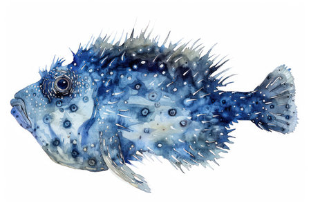 A charming watercolor pufferfish with a spiky texture, rendered in soft, dreamy tones against a white background This clipart is perfect for ocean-themed illustrations, craft projects, and artistic decor Its delicate details and whimsical design bring a touch of playful charm to any creation AI Generativeの素材