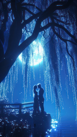 Romantic Couple Embracing Under a Moonlit Sky, Ethereal Glow, Love's Embrace Capturing Passion, Romance, Nighttime Magic, and Enchantment in Stunning Visual Storytelling AI Generativeの素材