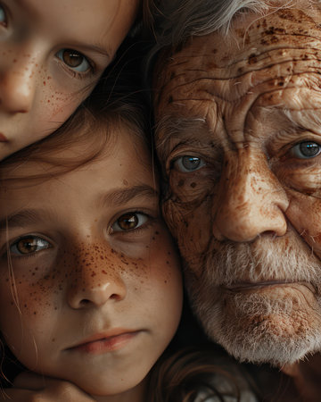 Capture the timeless bond of grandparents and grandchildren! These heartwarming images celebrate generational love, preserve family legacy, and create lasting memories  Showcases the joy of shared moments, cherished traditions, and the unwavering love between generations AI Generativeの素材