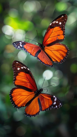 Pair of Butterflies Flying Close, Delicate Love in Nature s Connection Captivating Image of Monarch Butterflies, Symbolizing Love, Romance, Connection, Beauty in Natural Habitat AI Generativeの素材