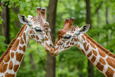 Two graceful giraffes nuzzle affectionately against a breathtaking scenic backdrop This heartwarming image embodies tall love and exotic romance, making it perfect for nature lovers and wildlife enthusiasts  Capture the beauty of the wild and the enduring power of connection in this stunning photograph AI Generativeの素材