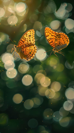 Nature s Intimate Dance Pair of Butterflies Delicately Flying Close, Showcasing Love and Connection in Natural Harmony in Blissful Scenic Beauty with Elegant Wings and Serene Grace AI Generativeの素材