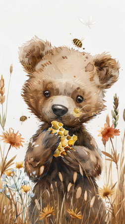 This adorable watercolor illustration features a chubby baby bear enjoying a honeycomb surrounded by buzzing bees in a vibrant floral meadow  Perfect for nurseries, wall art, children&#39;s books, and any project needing a touch of whimsy and sweetness AI Generativeの素材