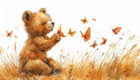 A charming watercolor illustration captures a baby bear&#39;s playful pursuit of butterflies in a sun-drenched spring meadow  The adorable bear, with wide, curious eyes, chases flitting butterflies amidst vibrant wildflowers  The scene is filled with the warmth and joy of springtime, creating a delightful and heartwarming image AI Generativeの素材