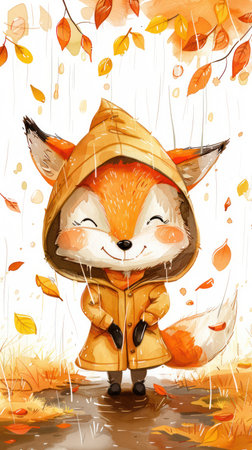 A cheerful fox in a raincoat skips down a rain-soaked woodland path, his bright smile and umbrella radiating joy This whimsical watercolor illustration is perfect for bringing a touch of whimsy and cheer to kids&#39; rooms, nurseries, and playful home decor The vibrant colors and adorable fox will bring smiles to everyone who sees it AI Generativeの素材