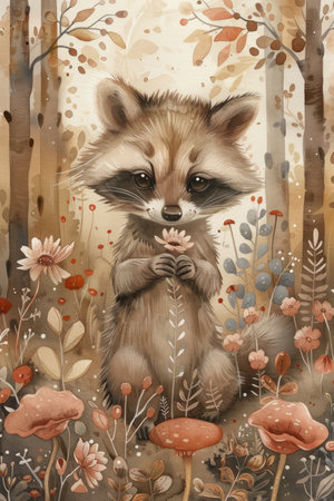This charming watercolor illustration features an adorable raccoon cradling a delicate flower in an enchanted forest setting Perfect for adding a touch of whimsy to your wall decor, nursery, or kid&#39;s room The magical woodland animal print design evokes a sense of wonder and charm, making it an ideal choice for nature lovers and those seeking a touch of enchantment AI Generativeの素材