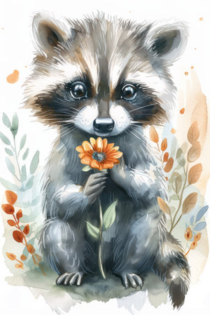 This enchanting watercolor illustration features a charming raccoon holding a delicate flower in a whimsical forest  The cartoonish style and cute animal create a heartwarming scene perfect for children&#39;s room decor or gifts  Bring a touch of magic and whimsy to any space with this adorable artwork AI Generativeの素材
