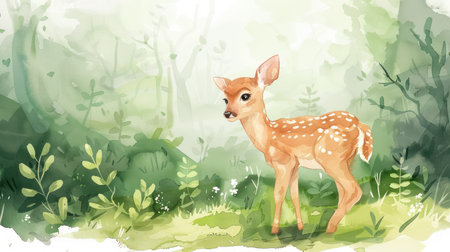 A captivating watercolor illustration of a baby deer with mesmerizing big eyes, nestled in a lush woodland setting This enchanting artwork is perfect for nature enthusiasts and art lovers, ideal for prints, wall art, decor, and gifts  Its delicate brushstrokes and vibrant colors evoke a sense of tranquility and wonder AI Generativeの素材