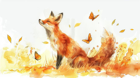 A charming watercolor illustration featuring a playful fox chasing butterflies in a sun-drenched meadow Perfect for nursery decor, children&#39;s books, and nature lovers, this art print adds a touch of whimsy to any space  Ideal for home decoration, bringing a vibrant burst of color and captivating charm AI Generativeの素材