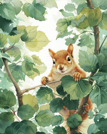 A charming watercolor illustration captures the playful energy of a baby squirrel leaping through lush green treetops This captivating print is perfect for animal lovers, home decor, nurseries, and wildlife enthusiasts The vibrant colors and delicate details bring the beauty of nature into your space AI Generativeの素材