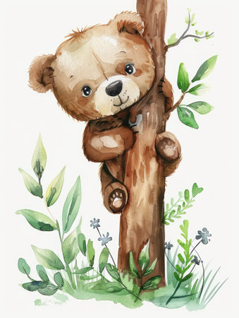 This adorable watercolor illustration features a tiny bear cub climbing a tree in a springtime forest Perfect for nursery decor, children&#39;s books, or kids&#39; room wall art The charming cartoon style and cute animal drawing will bring joy to any space AI Generativeの素材