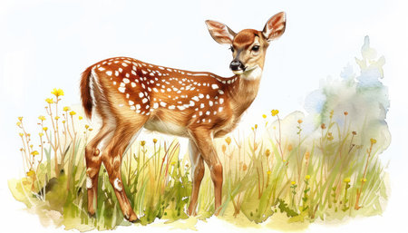 This enchanting watercolor illustration captures the playful spirit of a fawn frolicking in a sun-drenched meadow Delicate pastel hues create a serene and charming scene, perfect for adding a touch of nature to any space Ideal for nature lovers, children&#39;s rooms, or nursery decor, this adorable art piece evokes the joy and wonder of the natural world AI Generativeの素材