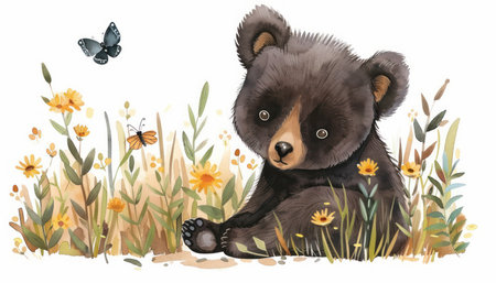 A charming watercolor illustration of a baby bear chasing butterflies in a vibrant spring meadow Perfect for children&#39;s rooms, nurseries, or nature-themed decor This whimsical artwork features a cute, cuddly bear and colorful butterflies, creating a delightful and enchanting scene AI Generativeの素材