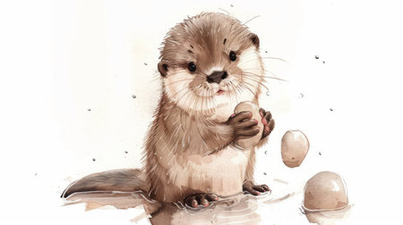 A charming watercolor painting captures the playful spirit of a baby otter nestled in a clear riverbed The tiny creature, slightly wet with river water, cradles a smooth pebble in its paws Lush greenery frames the scene, creating a serene and picturesque landscape This original artwork is a delightful depiction of nature's beauty and the innocent joy of a young otter AI Generativeの素材