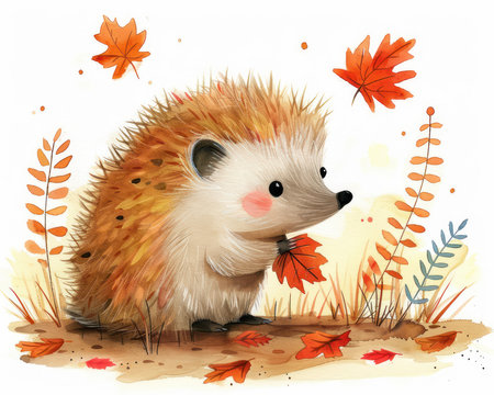This charming watercolor illustration features a tiny hedgehog rolling a colorful autumn leaf across a forest floor Perfect for adding a touch of whimsy and woodland charm to kids&#39; rooms and nurseries The adorable hedgehog and vibrant fall colors create a delightful scene for little ones to enjoy AI Generativeの素材