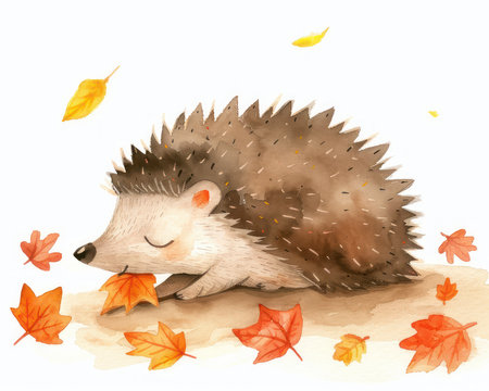A charming watercolor illustration of a tiny hedgehog rolling a vibrant autumn leaf on a forest floor  The cute woodland creature is surrounded by fallen leaves, showcasing the beauty of fall  Perfect for nature-themed projects, children&#39;s books, and seasonal designs AI Generativeの素材