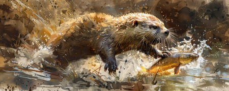 A delightful watercolor illustration captures the playful spirit of an otter with a fish in a crystal-clear river Vibrant colors and intricate details create a stunning wildlife art print perfect for home decor This charming piece is a must-have for animal lovers and artists, bringing the beauty of nature into any space AI Generativeの素材