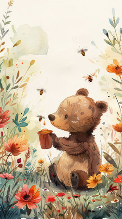 A charming watercolor painting of a baby bear enjoying a honey pot in a whimsical garden filled with buzzing bees This adorable and whimsical illustration is perfect for children&#39;s room decor, adding a touch of nature and cuteness to any nursery AI Generativeの素材