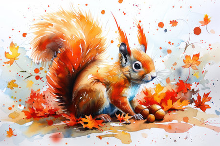 A charming watercolor painting captures the essence of autumn A tiny squirrel gathers acorns amidst a breathtaking display of vibrant fall foliage Golden, crimson, and amber leaves create a stunning backdrop, showcasing the beauty of nature&#39;s harvest This enchanting artwork celebrates the changing seasons and the simple joys of the natural world AI Generativeの素材