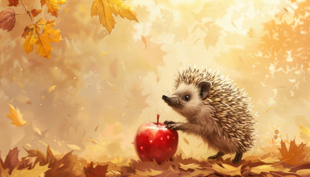 This charming watercolor illustration features a cute little hedgehog holding an apple amidst vibrant autumn foliage Perfect for fall decor, woodland nursery, or kids' rooms, this nature-inspired print brings the magic of the forest into your home A whimsical and heartwarming depiction of forest wildlife, ideal for adding a touch of autumn charm AI Generativeの素材