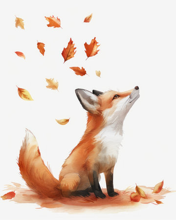 This adorable watercolor illustration captures the magic of autumn with a tiny fox playfully tossing leaves in a vibrant forest  Perfect for home decor, kids&#39; rooms, greeting cards, and more, this charming cartoon art evokes warmth and joy The intricate details and soft colors create a whimsical scene that&#39;s sure to bring a smile to your face AI Generativeの素材