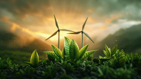 This photostock explores the world of renewable energy, showcasing wind turbines, solar panels, and cutting-edge green technologies Discover how these innovations are paving the way towards a sustainable future powered by clean energy sources AI Generativeの素材