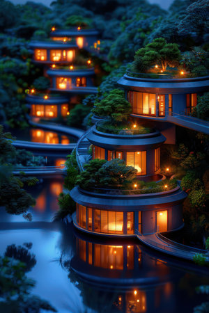 ##  50-Word Photostock Description: 

A glimpse into a sustainable future! Immerse yourself in a vibrant city powered by renewable energy Admire eco-friendly architecture, witness cutting-edge green technology in action, and experience a city committed to a greener tomorrow This photo captures the essence of a thriving, sustainable urban landscape AI Generativeの素材