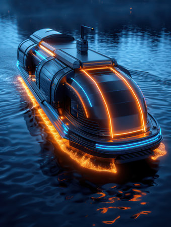 Autonomous cargo ships navigate the open sea, ushering in a new era of maritime logistics These sleek, futuristic vessels promise increased efficiency, reduced emissions, and a transformative impact on global trade The future of shipping is here, with advanced technology paving the way for a more sustainable and connected world AI Generativeの素材