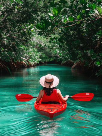 A kayaker glides silently through a vibrant mangrove forest, bathed in the warm glow of a sunny day Lush greenery frames the serene waterways, creating a picturesque scene of coastal tranquility The kayaker embraces the beauty of nature, exploring hidden coves and enjoying the peaceful rhythm of the water AI Generativeの素材