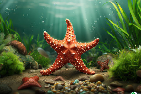 Discover vibrant starfish in a vibrant underwater world! Explore stunning marine life in dynamic and picturesque seascapes, featuring colorful coral reefs and fascinating creatures This photostock is perfect for ocean lovers seeking captivating imagery of the marine realm AI Generativeの素材