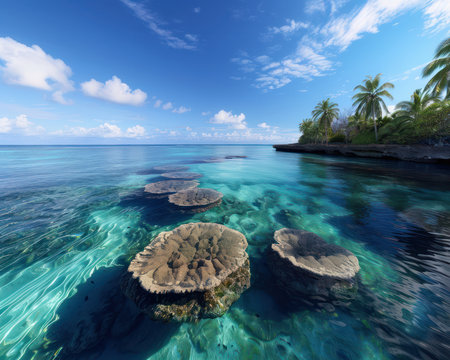 At low tide, a hidden world of vibrant coral reefs is revealed This captivating photo captures the exposed beauty of a coastal ecosystem, showcasing intricate coral formations, diverse marine life, and the unique underwater adventure that awaits AI Generativeの素材