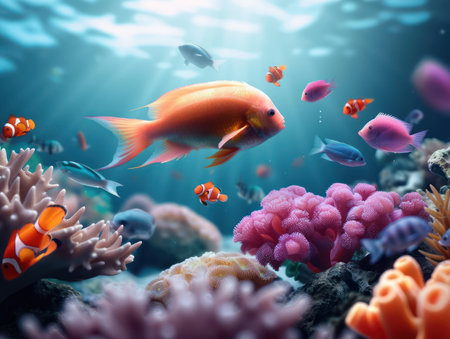 Dive into a vibrant coral reef teeming with life! Experience the beauty of clear tropical waters, where colorful fish and diverse marine life thrive This underwater paradise is perfect for photography and diving adventures Capture the stunning beauty of this vibrant ecosystem AI Generativeの素材