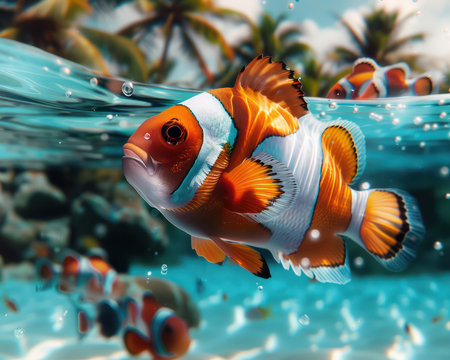 A vibrant underwater paradise unfolds, showcasing the dazzling beauty of tropical fish swimming near a clear surface  The crystal-clear ocean waters offer a glimpse into a world of colorful marine life, where vibrant fish and other creatures dance gracefully near the sun-drenched surface AI Generativeの素材