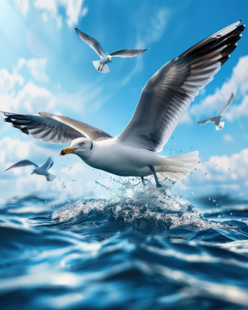 A breathtaking seascape unfolds with graceful seagulls soaring against a vibrant sky The dynamic ocean scene showcases the beauty of coastal wildlife and captivating scenery, from crashing waves to serene coastal habitats Experience the thrill of marine life in action AI Generativeの素材