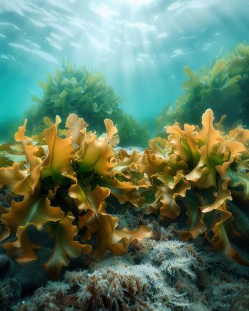 Dive into the captivating world of marine flora with mesmerizing underwater scenes Witness the graceful sway of seaweed in the current, revealing the vibrant beauty of the ocean&#39;s hidden realm From vibrant coral reefs to serene kelp forests, discover the mystical allure of aquatic plant life in its natural splendor AI Generativeの素材