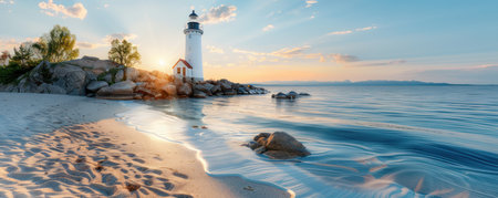 A solitary lighthouse stands tall against a dramatic coastal backdrop, its beacon casting a guiding light across the waves  The historic structure, a symbol of maritime safety, offers breathtaking views of the rugged coastline Capture the timeless beauty and navigational significance of this iconic landmark AI Generativeの素材