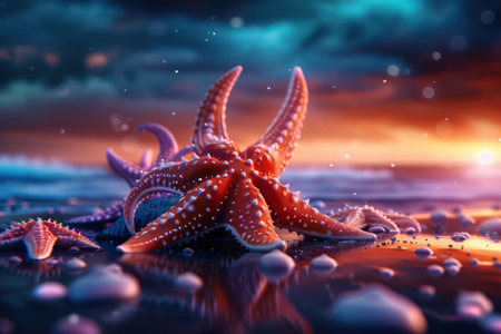 A vibrant starfish basks in the sunlight on the ocean floor, surrounded by a kaleidoscope of colorful marine life This stunning underwater photograph captures the breathtaking diversity of the ocean, showcasing the beauty and richness of our underwater world AI Generativeの素材