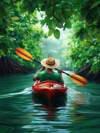 A kayaker glides through a serene mangrove forest, bathed in golden sunlight Lush greenery surrounds the tranquil water, creating a peaceful sanctuary This idyllic escape offers nature enthusiasts an immersive, peaceful water adventure Escape the ordinary and embrace the beauty of the coast AI Generativeの素材