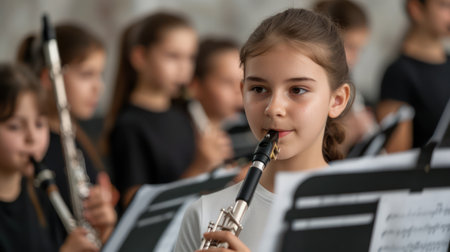 Capture the vibrant energy of students immersed in the joy of music in band class  Showcase their teamwork, creativity, and dedication as they learn valuable skills and cultivate lifelong musical passions  This captivating image highlights the transformative power of music education AI Generativeの素材