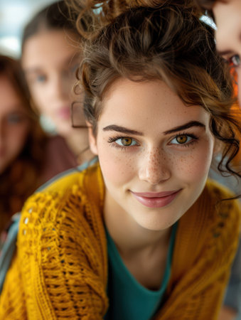 This stock photo captures the energy and engagement of a diverse group of students collaborating on a project They are actively discussing ideas, sharing perspectives, and working together to achieve a common goal  Their collaboration fosters a positive and supportive learning environment, emphasizing the power of teamwork for academic success AI Generativeの素材