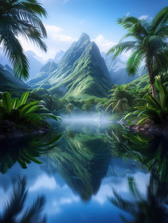 A misty morning paints the mountains and forest in ethereal hues, their reflections shimmering in a serene pond Tranquil waters mirror the scenic beauty, creating a breathtaking landscape for peaceful moments Escape into nature&#39;s embrace and find solace in this tranquil escape AI Generativeの素材