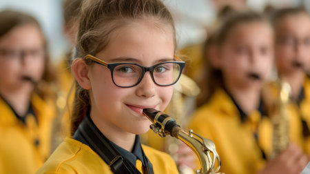 ## Harmonious Education: 

A captivating image of students engaged in band practice, showcasing the power of music to foster creativity, teamwork, and a well-rounded education  Instruments shine, smiles abound, and the air vibrates with the joy of making music together AI Generativeの素材