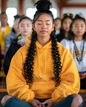 A serene scene of students engaged in a guided meditation session They practice mindfulness techniques, breath control, and inner peace to enhance focus, reduce stress, and improve well-being This photo captures the calming atmosphere and the transformative power of meditation for mental health AI Generativeの素材