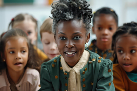 A diverse group of students collaborate on a project under the guidance of their teacher, embodying the principles of innovative education The image highlights the importance of collaborative learning in a diverse classroom setting, fostering teamwork and engagement AI Generativeの素材