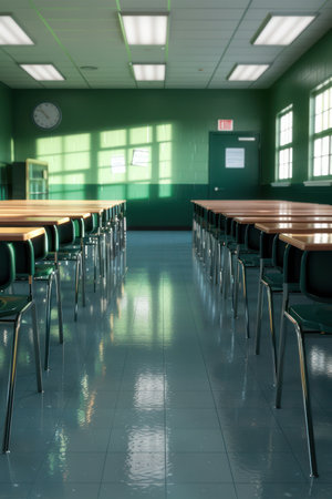 A well-organized classroom with neatly arranged desks creates a conducive learning environment  Rows of desks are ready for students, showcasing a dedicated space for education  The classroom exudes a sense of order and preparedness, setting the stage for successful learning AI Generativeの素材